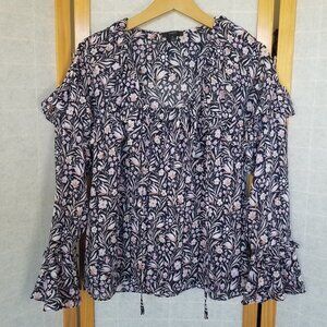 J.Crew Ruffle crinkle chiffon Blouse top Blue Floral Size Small Cottage Boho